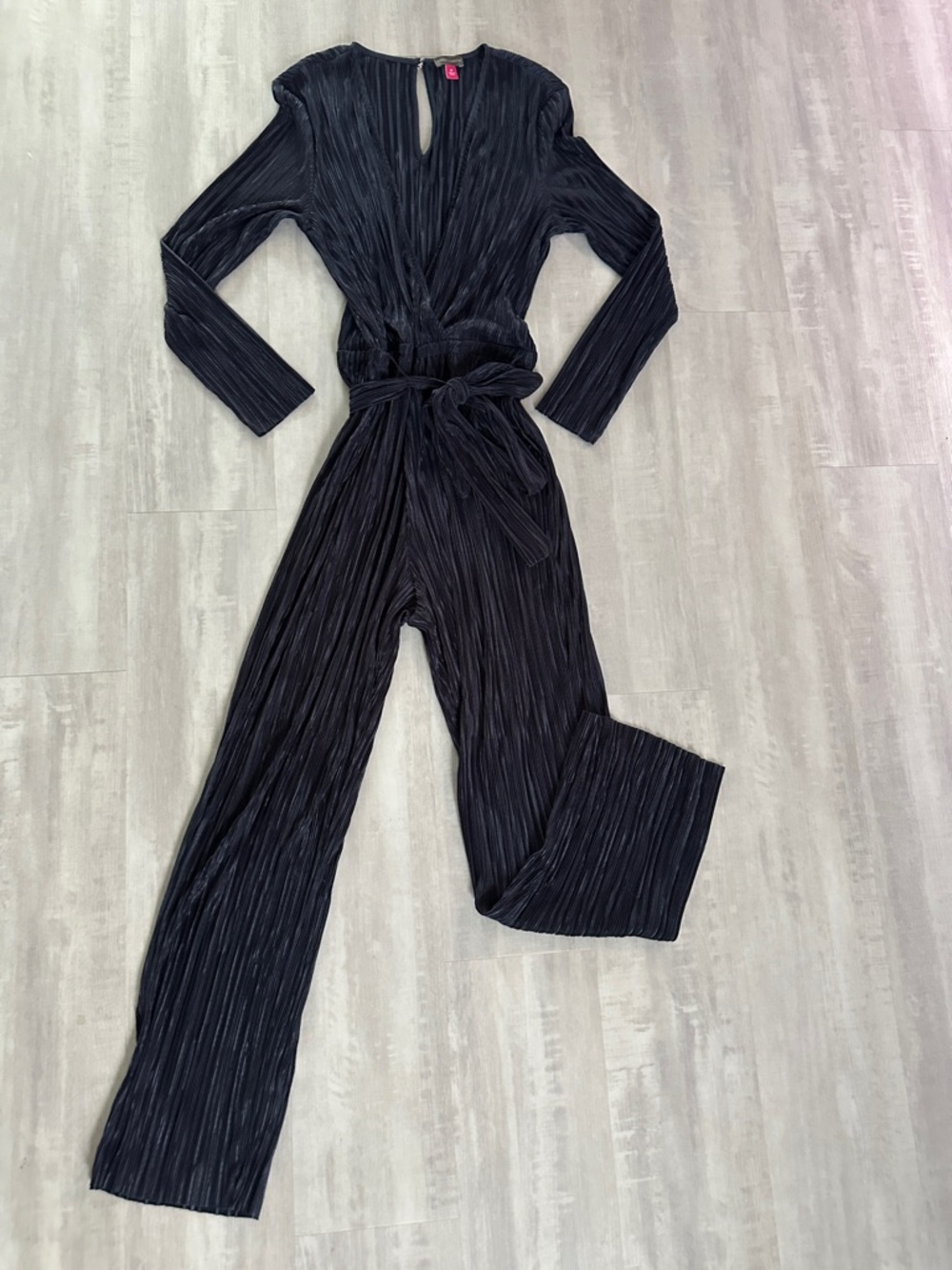 Womens Purple Pleated Long-Sleeve Jumpsuit with Waist Tie
